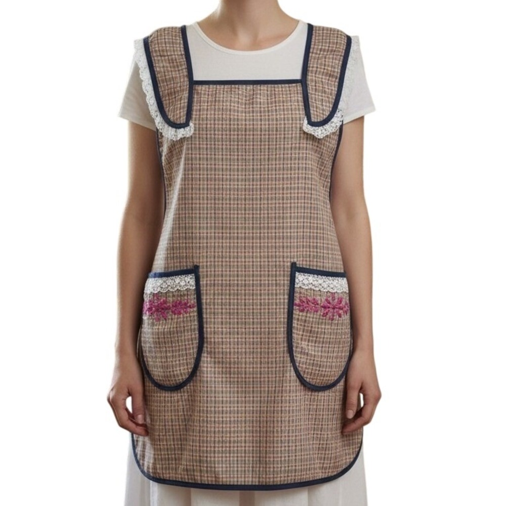 Unbranded Womens Vintage Plaid Lace Trim Embroidered Tabard Apron OS Multicolor